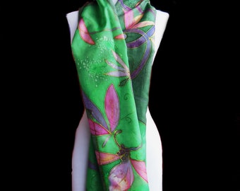 Hand - painted silk scarf, silk, scarf, unique scarf, green, for women