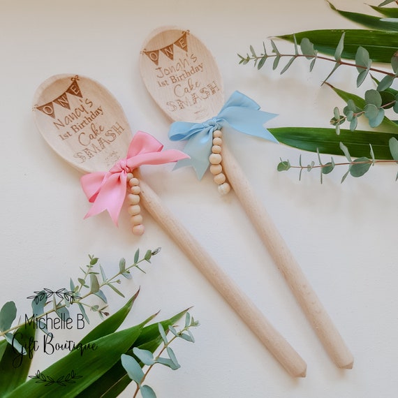 Personalised Engraved Wooden Cake Smash Spoon Babies 1st Birthday