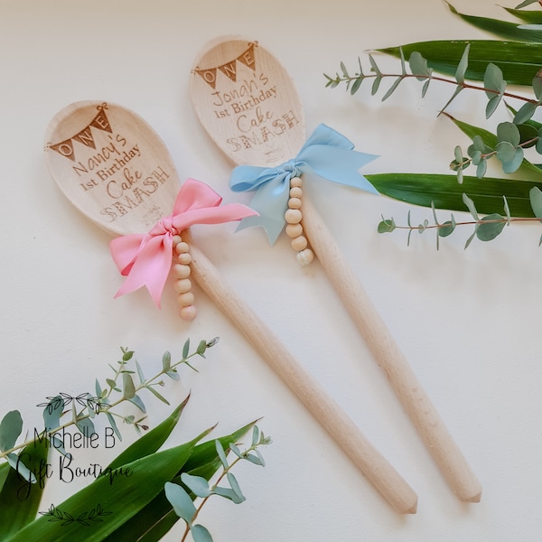 Personalised Engraved Wooden Cake Smash Spoon Babies 1st Birthday