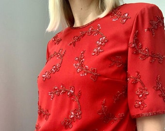 Vintage red sequin beaded Frank Usher top / 80s top / UK12