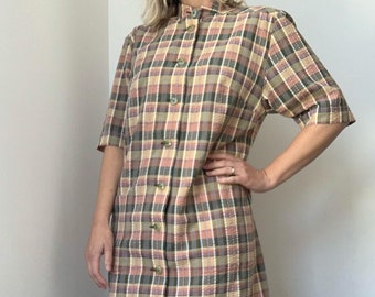 Vintage 1980s beige check seersucker dress / button up / pockets / size L