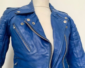 Vintage blue leather biker jacket / 1970s / xxs / Cobalt blue / Champion