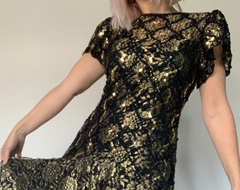 90s black and gold lace dropped waist dress