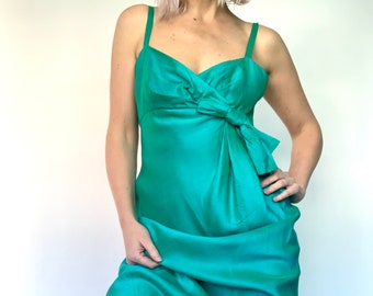 Green raw silk lined long vintage dress with drape detail size 10 size 12