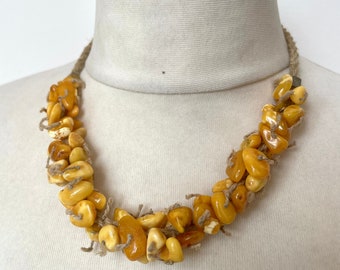 Vintage yellow coloured glass stones necklace / rope / boho