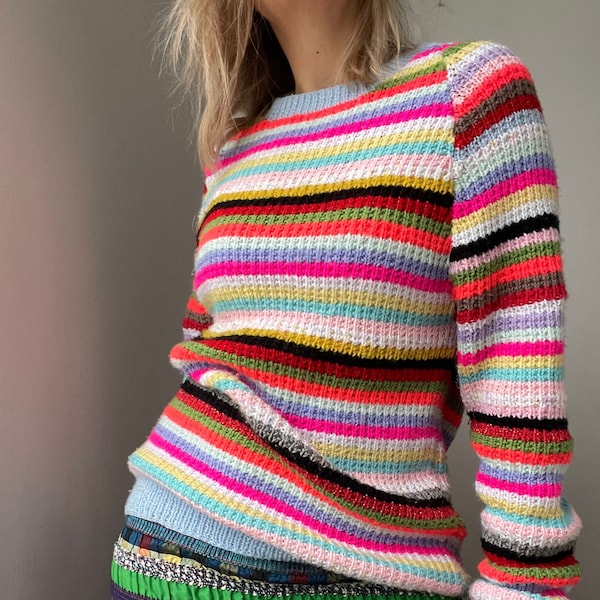 Vintage hand knit lightweight sweater / jumper / Stripey / rainbow/ multicoloured