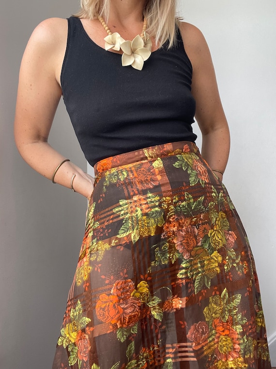 Vintage semi sheer check and floral maxi skirt / … - image 2