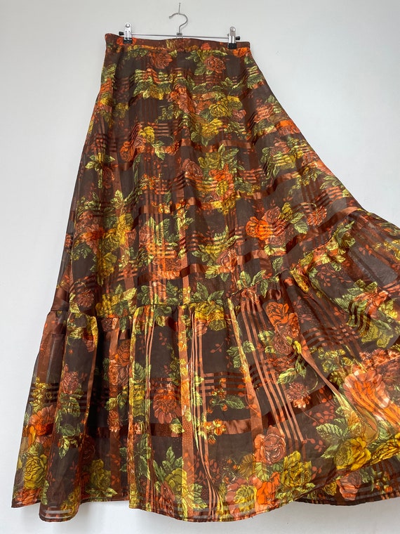 Vintage semi sheer check and floral maxi skirt / … - image 4