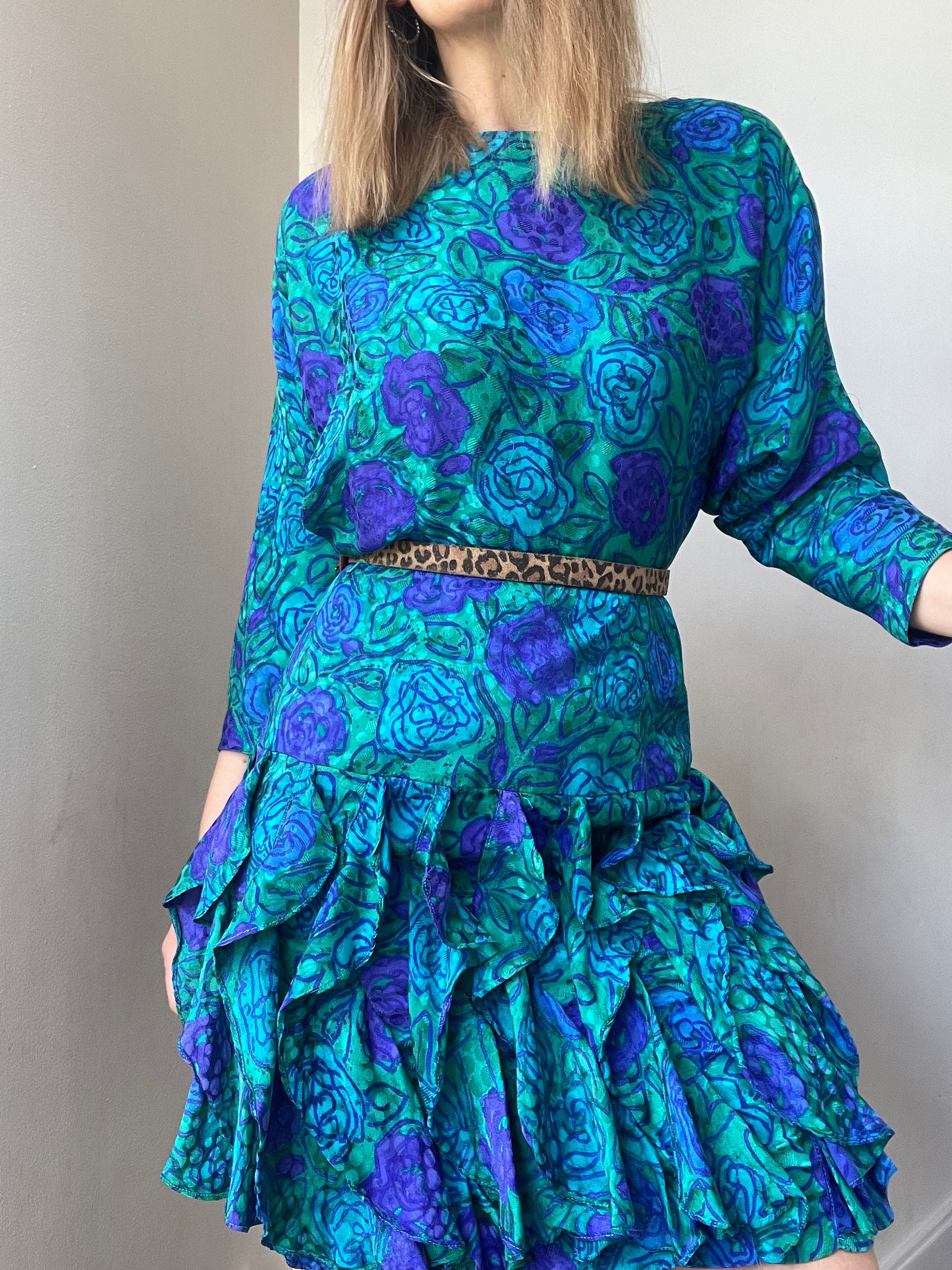 Vintage Blue and Green Silk Ruffle Dress