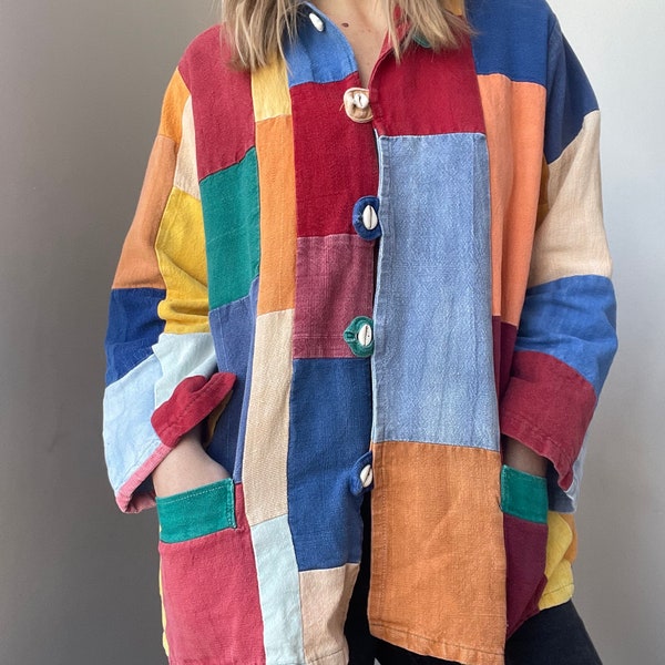 vintage 1990s patchwork jacket / hooded / hippie / M / rainbow / festival