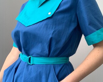 Vintage colour block midi dress / 1980s / neck tie / summer