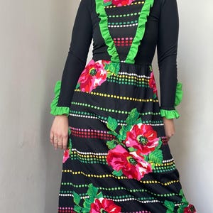 Vintage black floral ruffle maxi dress / 1970s / retro