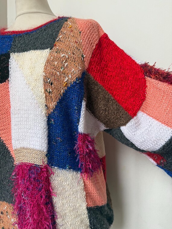 Vintage Patchwork Hand Knitted Sweater Jumper Mul… - image 2