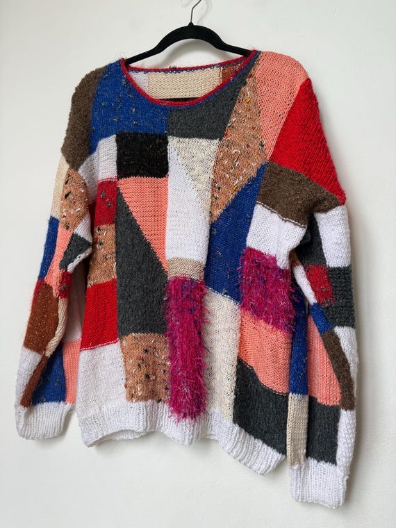 Vintage Patchwork Hand Knitted Sweater Jumper Mul… - image 6