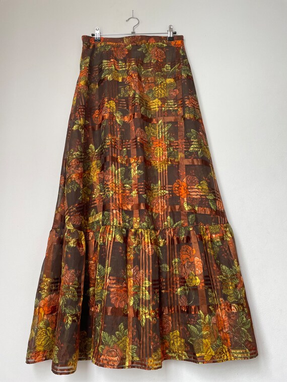Vintage semi sheer check and floral maxi skirt / … - image 3