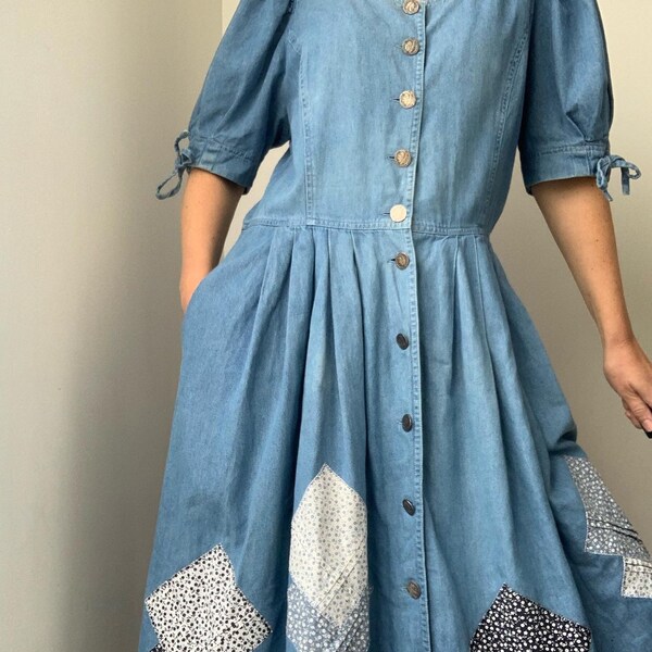 Vintage 1980s cotton denim midi dress / patchwork / size 14/16