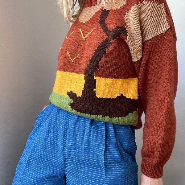 Vintage hand knit wool jumper / scenic / M