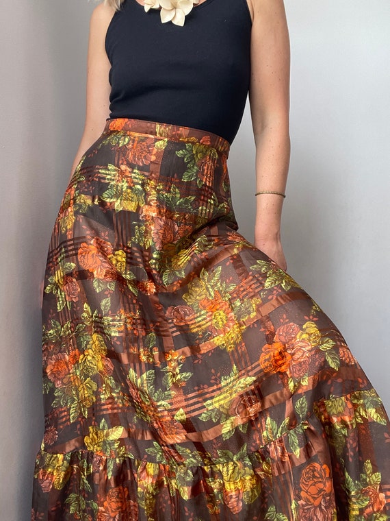 Vintage semi sheer check and floral maxi skirt / … - image 1