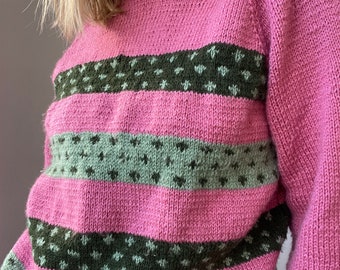 Vintage hand knit sweater jumper / pink and green / stripes