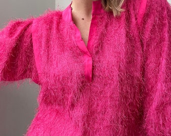 Vintage bright pink party dress / fluffy / soft / tinsel / festival dress / costume