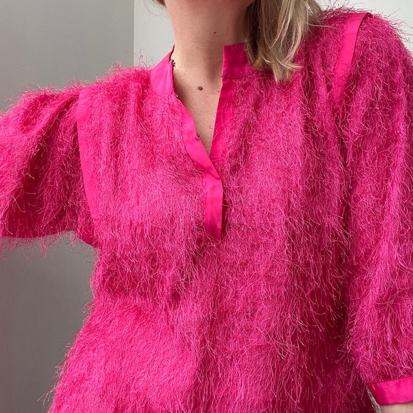 Vintage bright pink party dress / fluffy / soft / tinsel / festival dress / costume