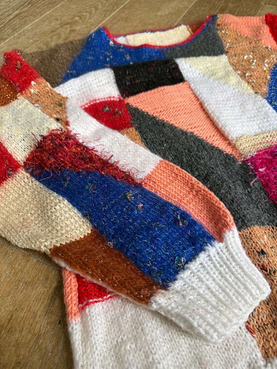 Vintage Patchwork Hand Knitted Sweater Jumper Mul… - image 7