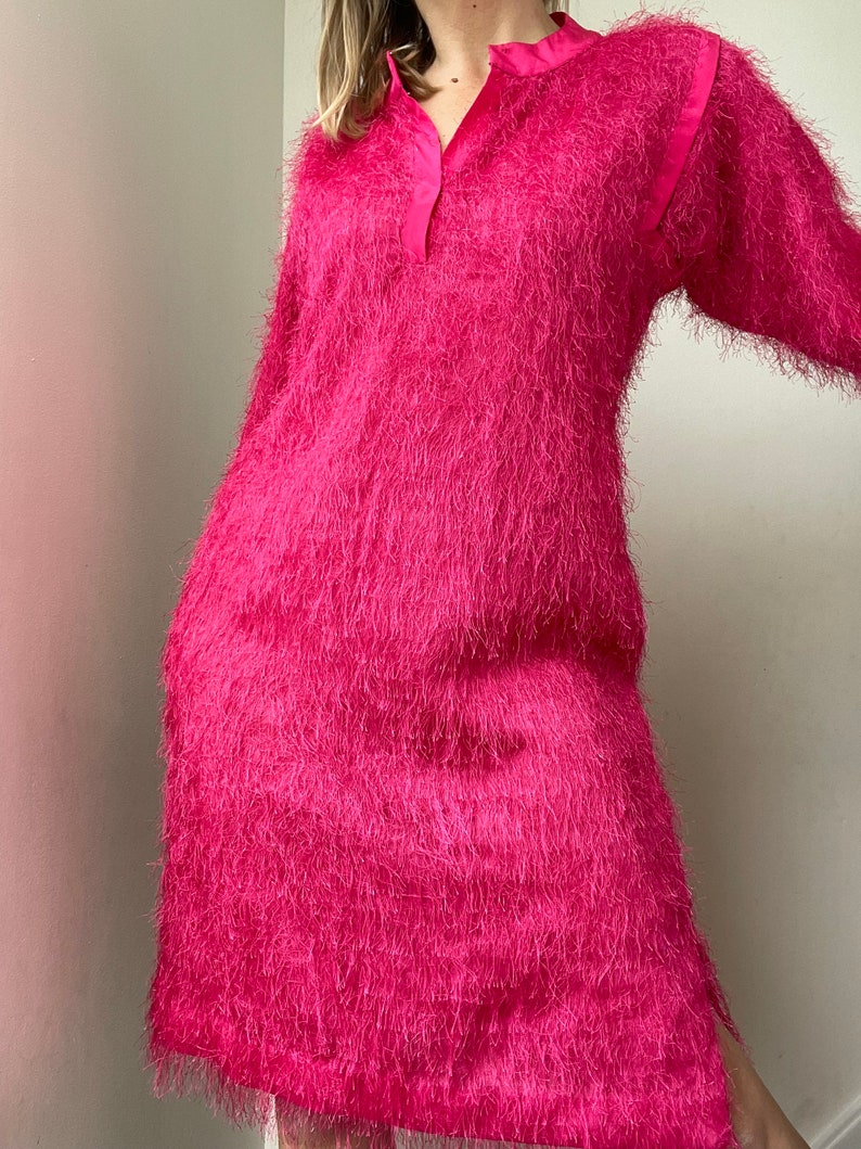 Vintage bright pink party dress / fluffy / soft / tinsel / festival dress / costume image 3