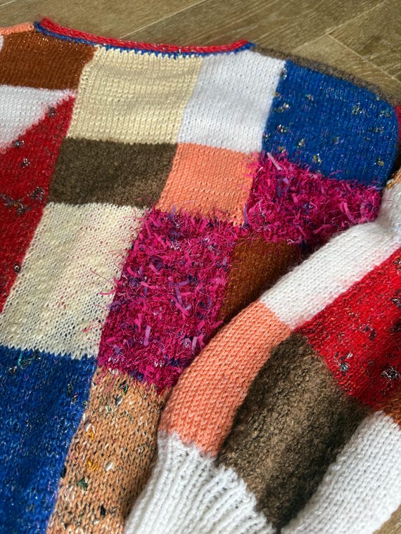 Vintage Patchwork Hand Knitted Sweater Jumper Mul… - image 10