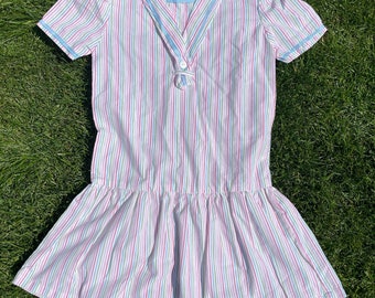 Kids vintage striped dress / sailor collar / rainbow / 1980s / Zig Zag / Age 7