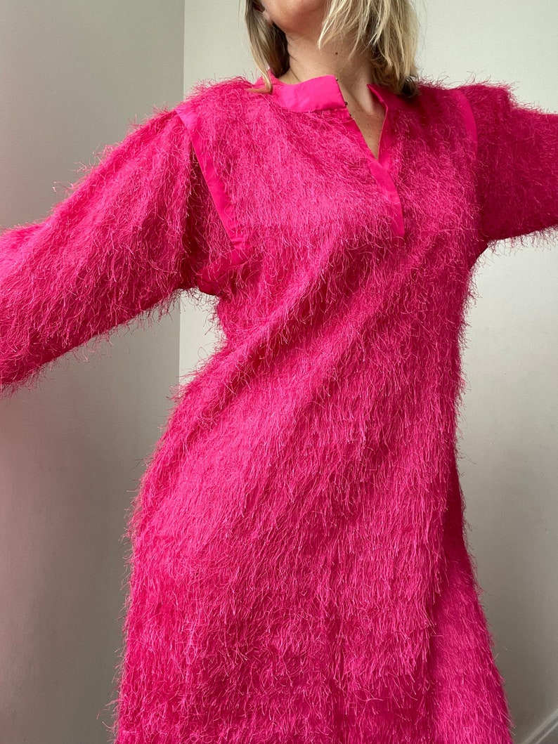 Vintage bright pink party dress / fluffy / soft / tinsel / festival dress / costume image 2