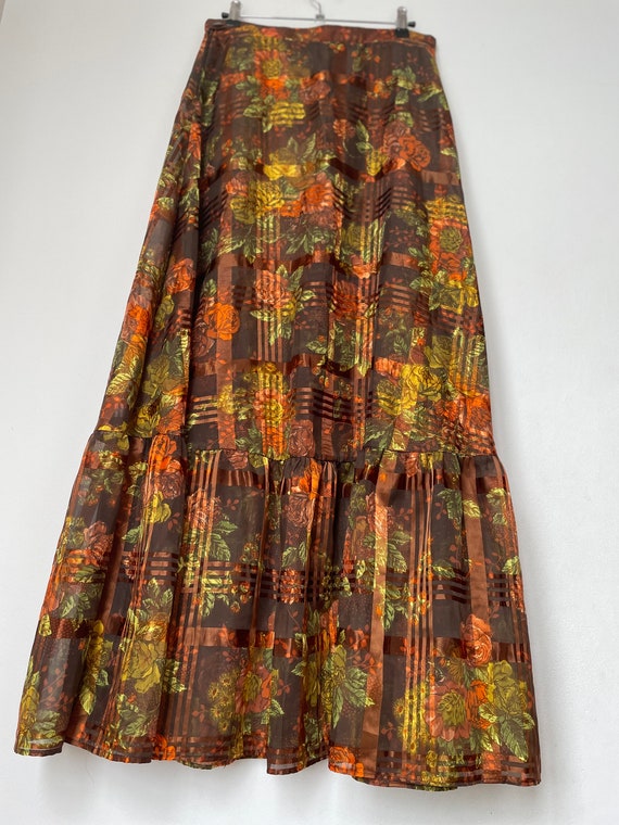 Vintage semi sheer check and floral maxi skirt / … - image 7