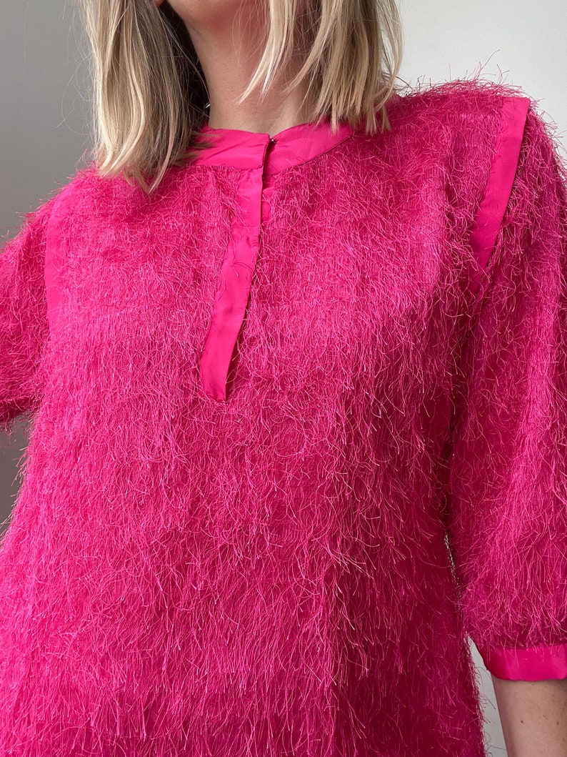 Vintage bright pink party dress / fluffy / soft / tinsel / festival dress / costume image 4