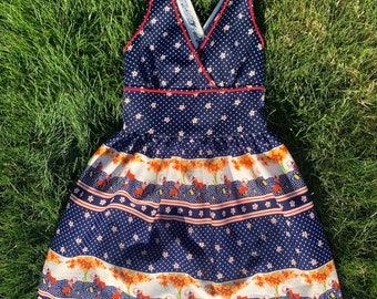 Kids vintage summer dress / blue floral garden / cross back