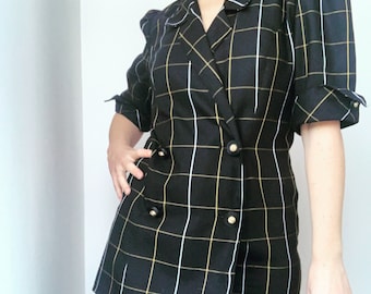 Vintage black check double breasted dress / shirt sleeve / size 10