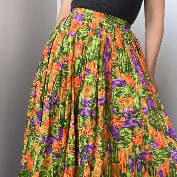 Vintage 1950s full floral skirt / waist 27” / orange