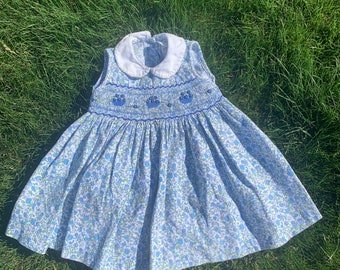 Vintage baby dress / blue floral / 6-9 months