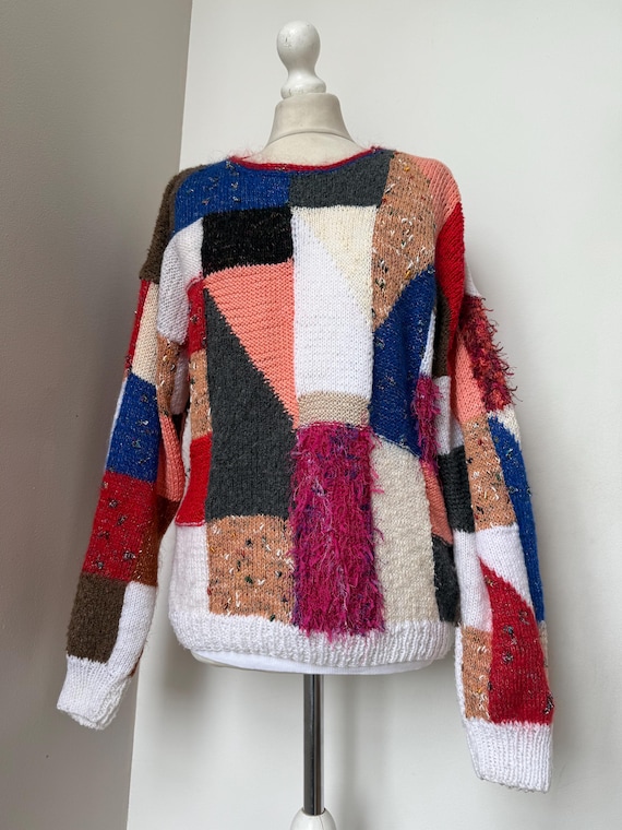 Vintage Patchwork Hand Knitted Sweater Jumper Mul… - image 1