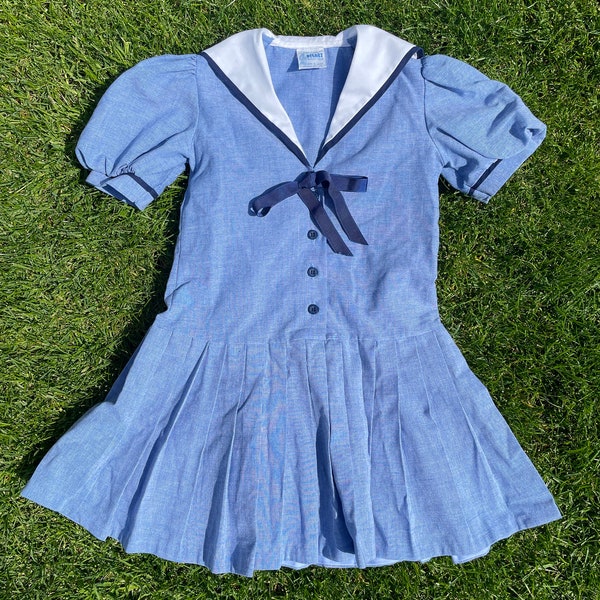 vintage kids blue sailor collar dress / Age 5 / Summer