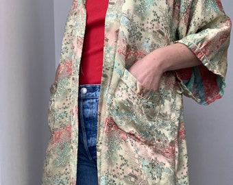 robe Dynasty teal 16 silk kimono made in Hong Kong silk kimono Vintage 60s silk robe gold