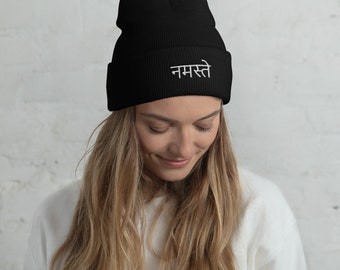 Namaste Cuffed Beanie, Women Beanie Hat, Knit Beanie, Sanskrit Embroidered Beanie, Awake, Soft Warm Beanie, Fashion, Headwear, Unisex