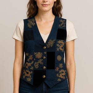 Carole Little Patchwork Velvet Brocade Vest Size 12 Vintage Hong Kong Boho Statement Vest Asian Inspired Festival Clothing