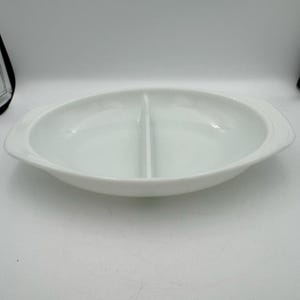 Vintage Pyrex 1063 White Milk Glass Divided Casserole Dish 1.5 QT Oval Baker