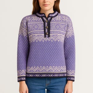 May include: A lilac-colored sweater with a high collar and a button-down placket. The sweater features a geometric pattern in off-white and navy blue, with a ribbed hem and cuffs. The long-sleeved sweater is made of a soft, warm material.