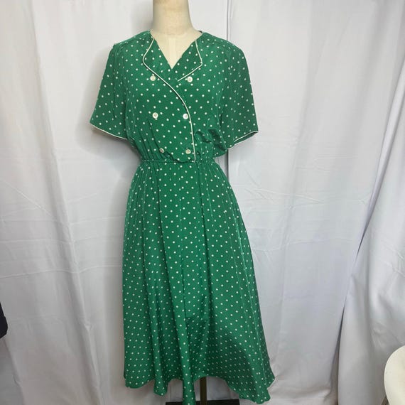 talbots green dress Talbots Vintage Green Polka Dot Dress Sz 4 Wrap Style Midi Made in Hong Kong