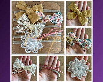 Juego de diadema con lazo floral amarillo para bebé, hecha a mano para sesiones de fotos de bebés y recién nacidos, regalo para baby shower, accesorios para el cabello de nailon suave (juego de 5)