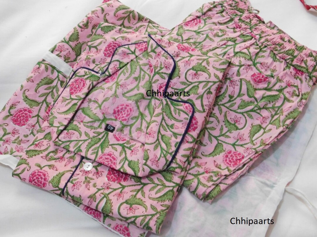 Pink Floral Print Cotton Pajama Set: Long Sleeve Loungewear - Etsy