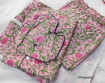 Pink Floral Print Cotton Pajama Set: Long Sleeve Loungewear