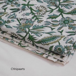 On Sale Sage Green, And Dark Green Indian Floral Hand Block Printed Cotton Cloth, Fabric by the yard, Women&#39;s Clothing Curtain Pillows Bags