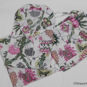 holiday Sale Long PJ Set in White Floral Hand Block Print / Cotton Pajamas with Long Pj Lightweight Loungewear Wholesale A Lot Of Chhipaarts