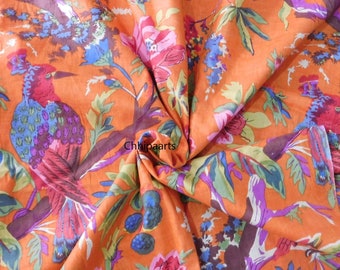 Indian Bird Print Cotton Fabric: Hand Block Printed, 44" Wide